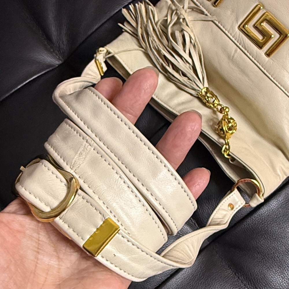 Paris Cream Leather Tassel Crossbody Bag with Gold Accents - Picture 6 of 14